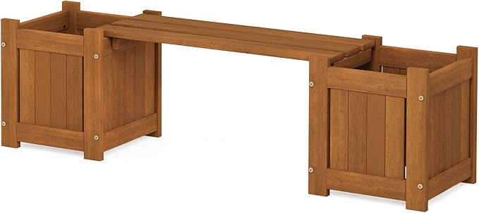 Furinno Tioman Hardwood Mini Outdoor Planter Box with Bench for Garden Plant