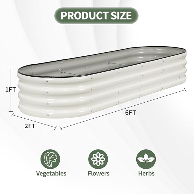 1MORE Galvanized Raised Garden Bed- Planter Garden Boxes Outdoor, Raised Beds for Gardening, 6x2x1ft Metal Garden Bed Kit for Vegetables Flower, Planter Raised Beds with Tools.White