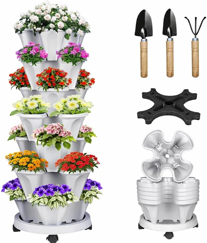 Vertical Strawberry Planter 7 Tier Stackable Tower Herb Planters-Stacking Garden Outdoor Grey Planter Pot with Tools Mover for Succulents, Vegetables and Flowers