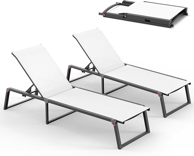 Aluminum Chaise Lounge Outdoor Set of 2, Foldable & Assembly Free Patio Pool Lounge Chairs 5-Position Recliner for Outside Poolside, Fully grounded legs Sun Lounger for Beach, Yard, Bright White