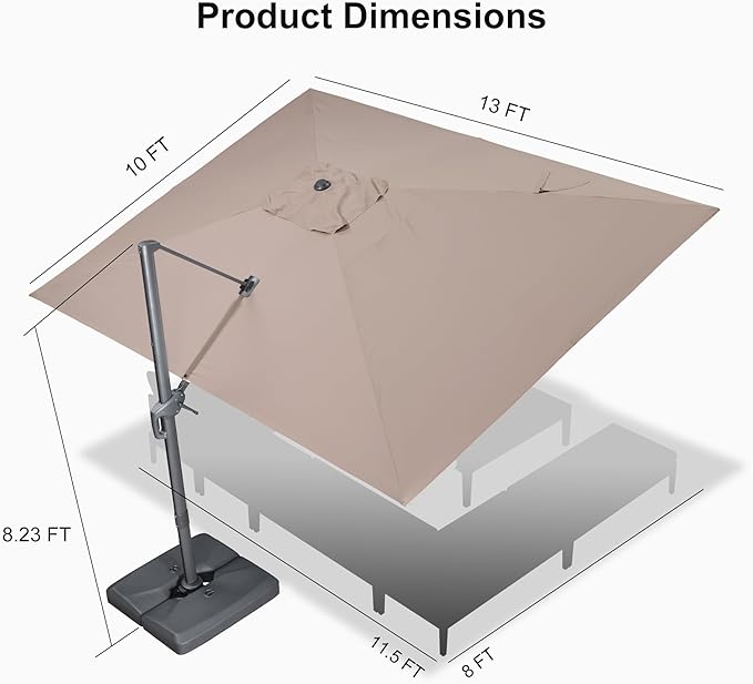 PURPLE LEAF Patio Umbrella 10' X 13' Rectangle Cantilever Umbrella with Wind Resistance Base Large Aluminum Outdoor Umbrellas with UPF40+ Premium Fabric for Deck Pool Garden, Sand Dune