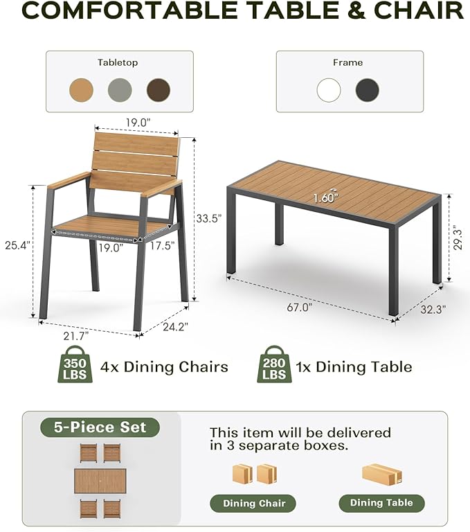 5-Piece Outdoor Dining Set, Aluminum Dining Table Set for 4, Patio Table and Chairs Set with Umbrella Hole, All Weather HDPS Outdoor Table and Chairs for 4 (Gray-Teak)