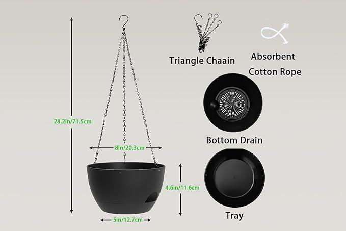 Hanging Planters 3-Pack, 8 Inch Self-Watering Hanging Pots with Drainage Hole and Chains, Plastic Planters for Indoor Outdoor（Black）