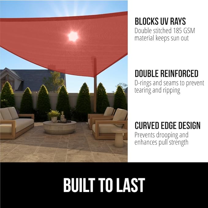 GORILLA GRIP Heavy Duty Sun Shade, UV Protection Fade Tear and Rust Resistant Rectangle Sunshade Canopy, Curved Edges Blocks Sunlight, Breathable Sail, Outdoor Patio, Lawn Garden, 16x16x16, Terra