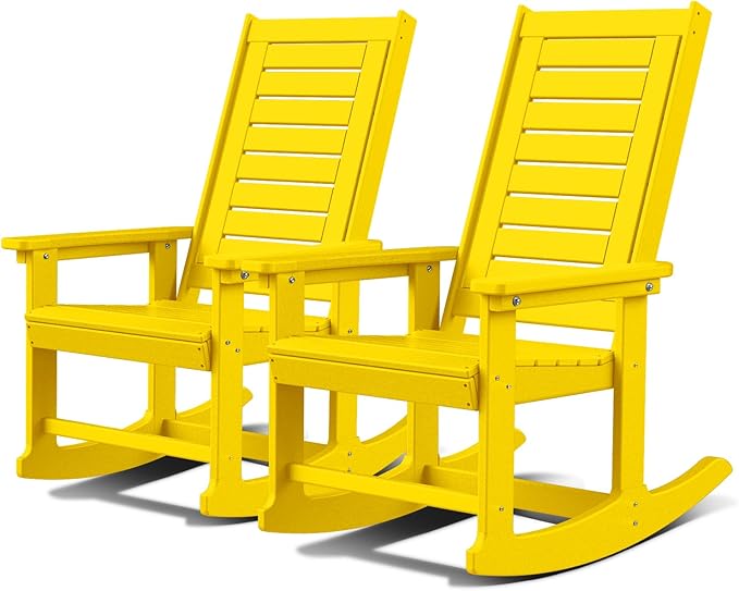 GREENVINES Outdoor Rocking Chairs | Set of 2 | Porch Rocker | HDPE Plastic | Yellow | Oversized Rockers | High Back | Big & Tall | Ladder Back | for Patio Outside Backyard Balcony Garden
