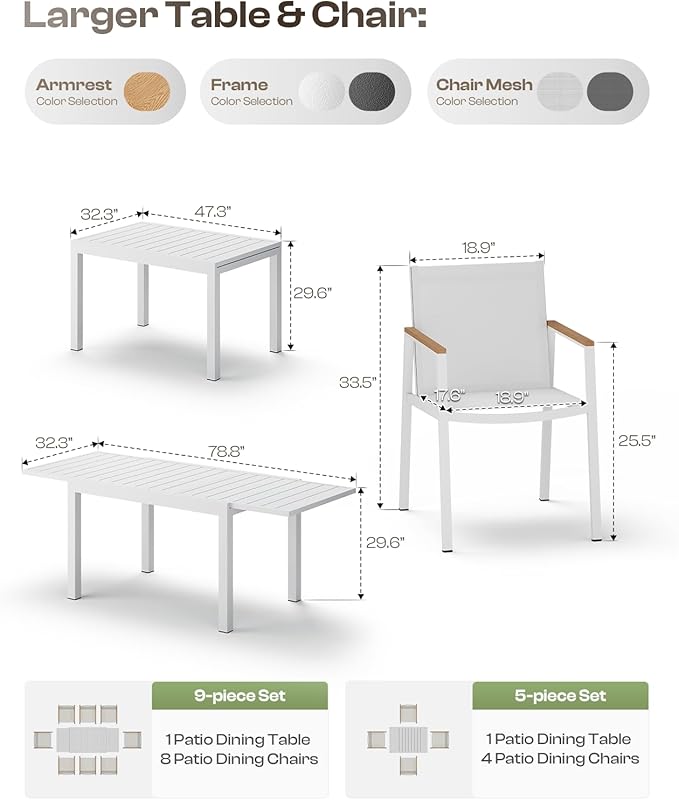 Outdoor Aluminum Patio Dining Table Set for 6-8 Person, Expandable Outdoor Table and 8 Chairs with Textilene Fabric & HDPS Armrest, All-Weather Patio Furniture Set for Yard, Garden, White