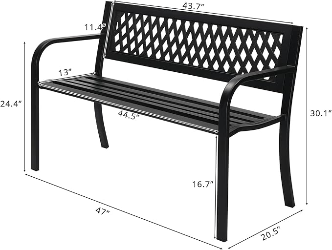 VINGLI 47'' Outdoor Bench, Weather Resistant Garden Patio Bench Powder Coated Iron Frame w/PVC Mesh Backrest Slatted Seat, 2-Person Outdoor Furniture for Front Porch Entryway Park (Black)