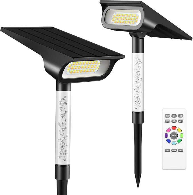 intelamp Solar Spot Lights Outdoor Waterproof, 4000mAh RGB LED Landscape Lights Warm White 3 Lighting Colors, IP65 Waterproof for Yard Driveway Tree Flag Garden Patio Outside Decor with Remote