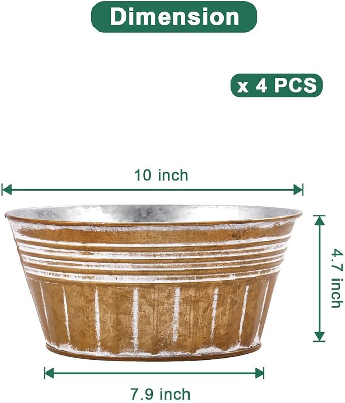 vensovo 10 Inches Brown Metal Rustic Plant Pots - 4 Pcs Large Shallow Galvanized Planters with Drain Hole and Rubber Plug, Rustproof Tin Bucket Succulent Pot Indoor Farmhouse Vintage Style for Decor