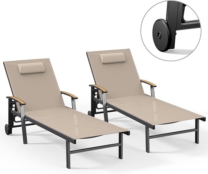 Ciokea Outdoor Lounge Chair with Pillow Set of 2, 5-Position Aluminum Chaise Lounge with Wheels & Armrests, 400 lbs Heavy Duty Patio Pool Chair for Backyard, Deck, Beach & Poolside, Khaki