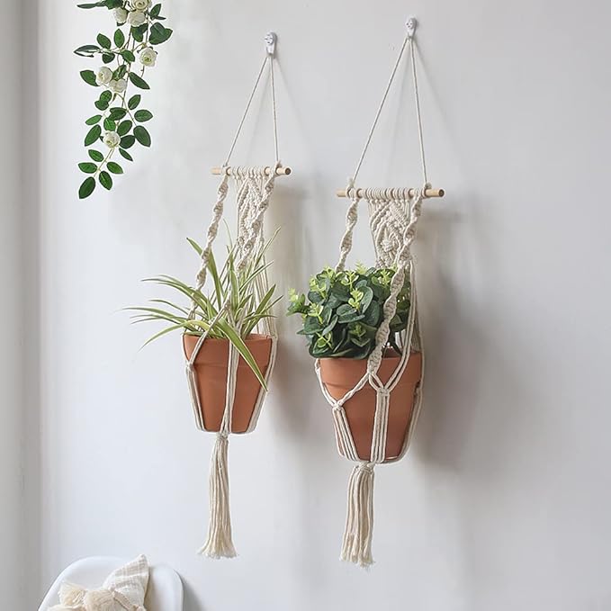 Artilady Boho Macrame Plant Hangers - Handmade Hemp Rope Hanging Baskets for Plants with Ceiling Hooks, Bohemian Home Decor Wall Art (White Wood Hanger-2pcs)