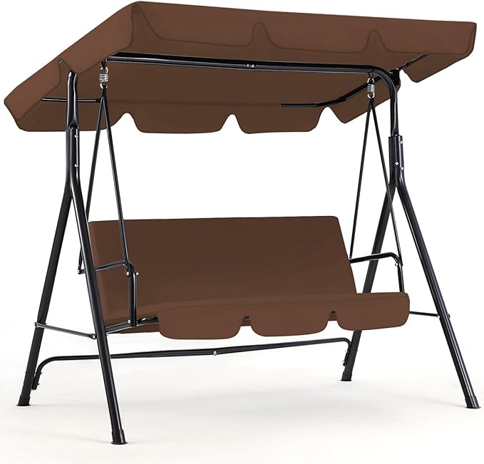 AECOJOY Porch Swing with Stand. 3-Seat Outdoor Clearance Porch Swings for Adults, Outdoor Patio Swing with Adjustable Canopy & Removable Cushion for Backyard, Garden, Yard, Poolside, Balcony (Brown)