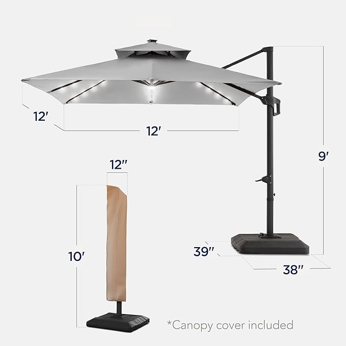 Best Choice Products 12x12ft LED Cantilever Patio Umbrella w/Base Included & 360° Rotation, Large Solar Offset Hanging Outdoor Sun Shade for Deck, Backyard Table w/Stand & Lights – Fog Gray