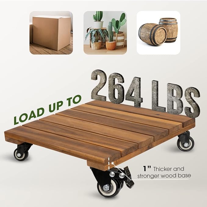 2pack Wood Plant Caddy With Wheels Heavy Duty, 264 Lbs Capacity, Upgraded 12 Inch Acacia Hardwood Plant Dolly, Plant Stand with 360° Lockable Wheels, Plant Caster for Heavy Objects Hauling - Natural Wood