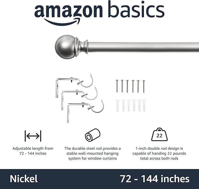 Amazon Basics Easy Installation Adjustable Curtain Rod for Windows with Round Finials, 1-Inch Rod, 72" to 144", Nickel, 2-Pack