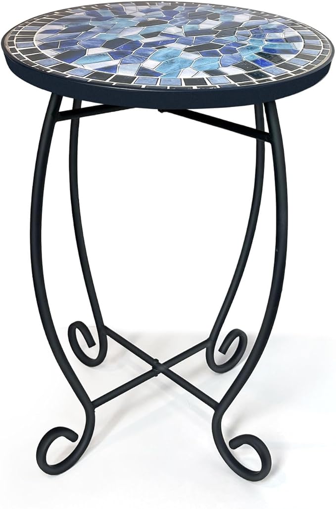 LIFFY Outdoor Side Table,12" Round Ceramic Tile Tabletop Accent Table with Metal Frame, Indoor Small Decorative Plant Stand & End Table for Home, Patio, Garden