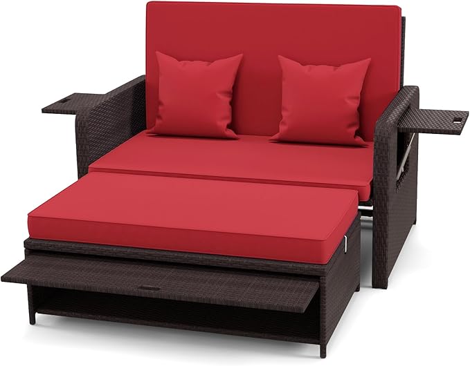 Nightcore Wicker Patio Outdoor Daybed, Outdoor Chaise Lounger w/ 4-Level Adjustable Backrest, Retractable Side Trays, Storage Ottoman, Comfortable & Removable Cushions, Rattan Loveseat (Red)