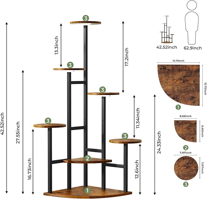 Corner Plant Stand with Grow Lights, 7 Tiered Plant Shelf Indoor, 43" Corner Plant Stands for Indoor Plants, Metal Plant Flower Display Shelves, Plant Organizer Rack for Living Room, Balcony, Home Decor（Round)