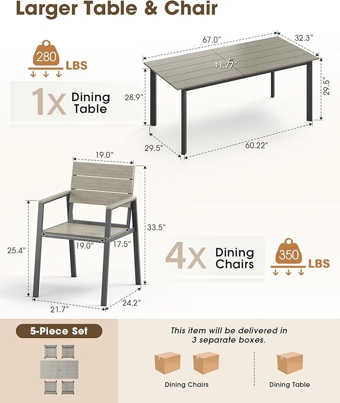Outdoor Patio Dining Set for 4，Aluminum & HDPS Patio Table and Chairs Set with Umbrella Hole, Modren 5 Peice Patio Furniture Set, All-Weather Dining Table and 4 Chairs (Classic Gray)