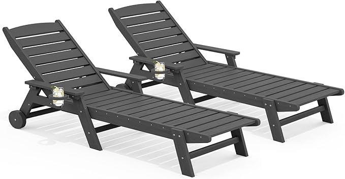 SERWALL Patio Chaise Lounge Chair Set of 2, 78'' Long 5-Positions Adjustable HDPE Outdoor Lounger for Pool, Poly Lounge Chair with Rolling Wheels & Cup Holder for Poolside, Deck, Gray