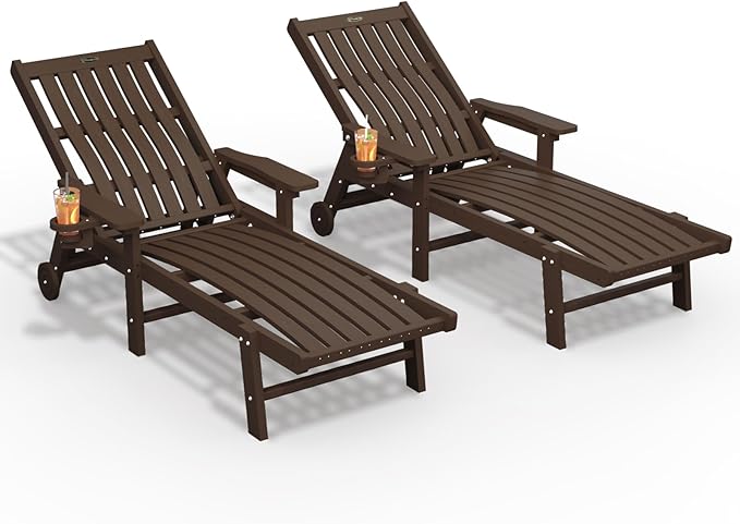 Patio Chaise Lounge Chair Set of 2, Oversized Lounge Chair Outdoor with 5 Positions, HDPE, Patio Lounge Chair with Wheels & Cup Holder for Pool, Deck, Poolside,Brown