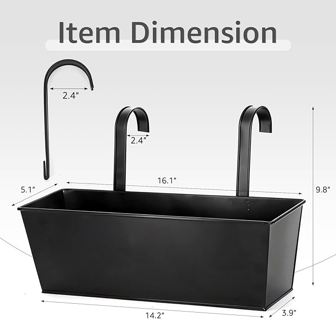3 Pack Metal Railing Planters, 16 Inch Large Rectangular Hanging Flower Pots with Detachable Hooks & Drainage Holes, Fits Rails up to 2.5", Galvanized Iron Window Box for Balcony Garden - Black