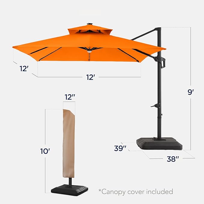 Best Choice Products 12x12ft LED Cantilever Patio Umbrella w/Base Included & 360° Rotation, Large Solar Offset Hanging Outdoor Sun Shade for Deck, Backyard Table w/Stand & Lights – Orange