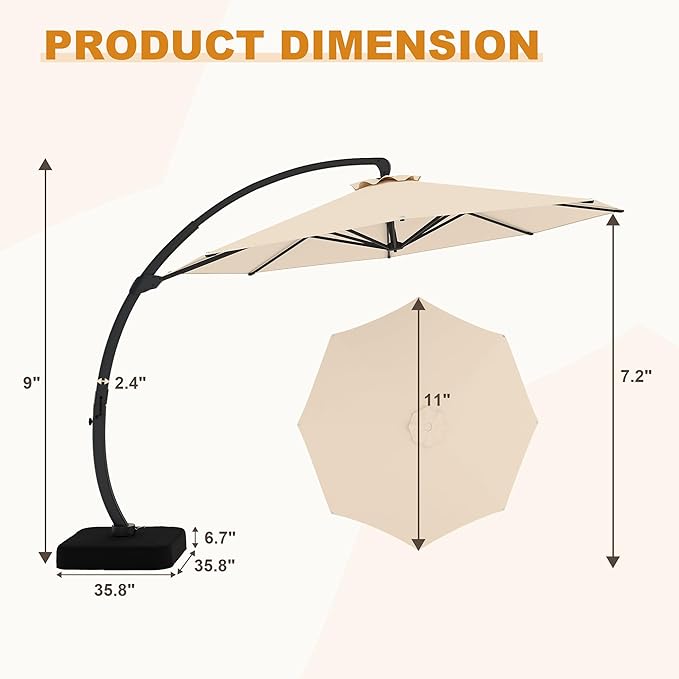 GarveeLife 11FT Cantilever Patio Umbrella With Base Included, Cantilevers Outdoor Umbrella Heavy Duty Offset, Aluminium Curved Cantilever Umbrella