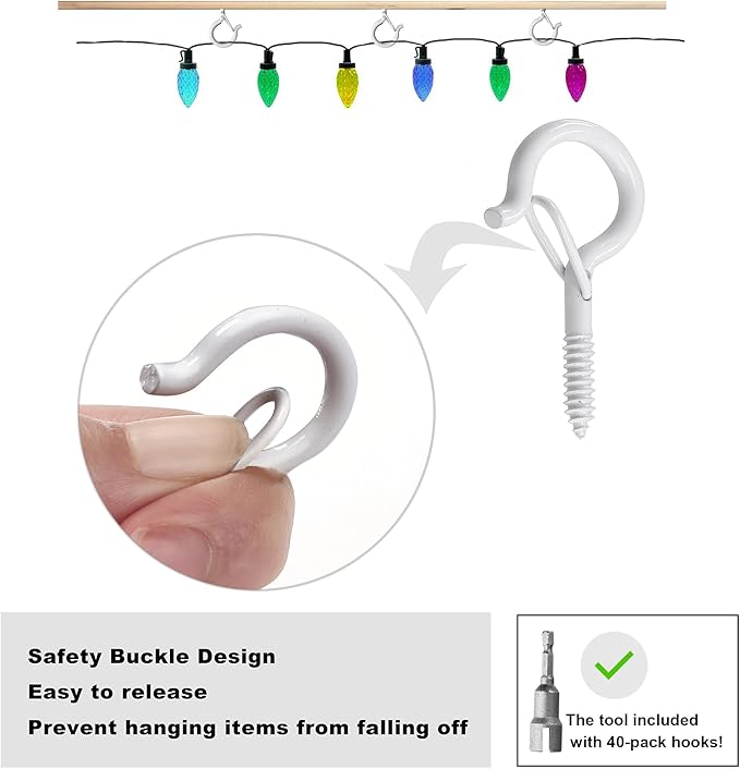 PlusRoc 40 Pack Ceiling Hooks for Hanging Plants Outdoor String Lights Heavy Duty, 2.2 Inch Eye Hook Screw in Cup Hooks Q-Hanger for Patio Lights, Wall Wood Fence Deck Mount(White)