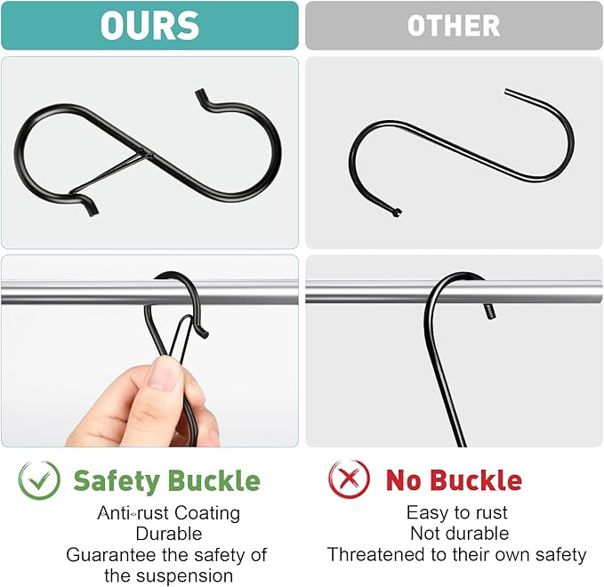 100 Pcs S Hooks for Hanging Heavy Duty, 3.5-inch Heavy Duty Metal S Hook with Safety Buckle, Suitable for 0.5 inch Rods, S Hook for Hanging Plants, Closet, Kitchen Utensil, Pot, Pan, Bags