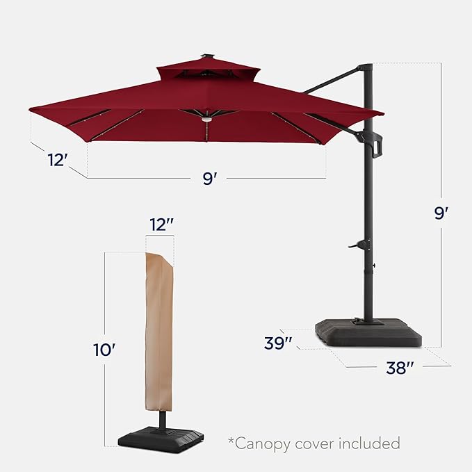 Best Choice Products 9x12ft LED Cantilever Patio Umbrella w/Base Included & 360° Rotation, Large Solar Offset Hanging Outdoor Sun Shade for Deck, Backyard Table w/Stand & Lights – Burgundy