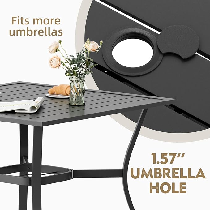 MELLCOM 37''x37'' Outdoor Dining Table for 4, E-Coating Metal Patio Dining Table with 1.57'' Umbrella Hole, All-Weather Black Square Table for Porch, Garden, Backyard, Poolside