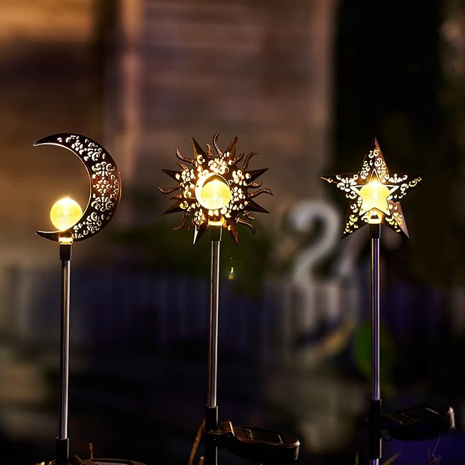 Solar Garden Stake Lights, Moon Sun Star Yard Decorations Outdoor 3 Pack Solar Garden Decor for Lawn, Pathway, Flower Bed, Memorial Garden, Patio Outdoor Gifts for Mom, Loved Ones