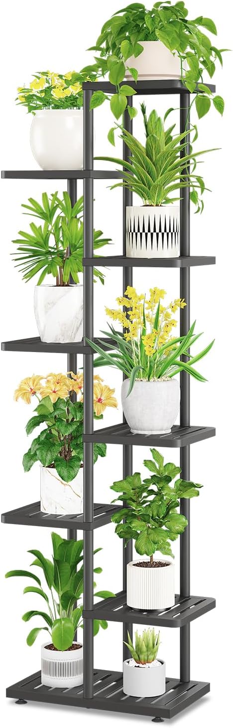 iDavosic.ly Plant Stand Indoor Outdoor, 7-Tier Tall Metal Flower Shelf for Heavy-Duty Large Planters, Corner Orchid Display Rack for Living Room Balcony Patio Porch, Space Saving, Modern Black