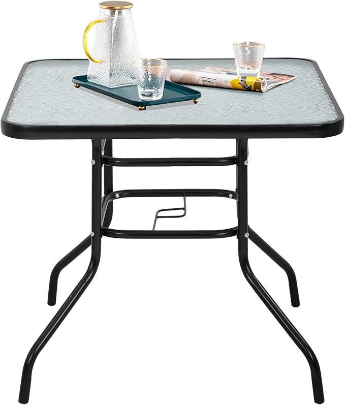 Outdoor Table Patio Table Dining Table with Tempered Glass Umbrella Hole for Lawn Balcony, Yard (Square)