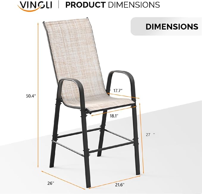 VINGLI Outdoor Bar Chairs Set of 8 – Stackable Outdoor Bar Stools with Sturdy Sling High Back and Armrests for Lawn, Courtyard, Garden, Bar, Yellow