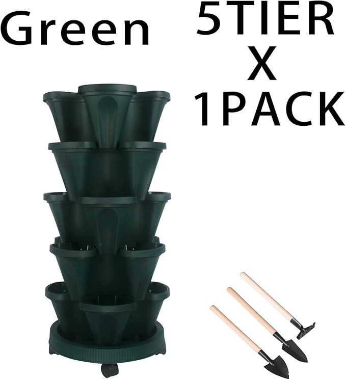 GameXcel Vertical Planter 5 Tier Stackable Planters Garden Planters Strawberry Herb Flower and Vegetable Planter Indoor Outdoor Gardening Pots with Removable Wheels and Tools
