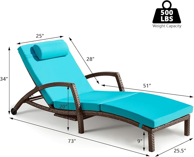 Chaise Lounge Chairs Outdoor Set of 6, Comfy Outside Wicker Patio Pool Lounge Chair w/ 5 Adjustable Back Angle, Cup Holder, Thicken Cushion