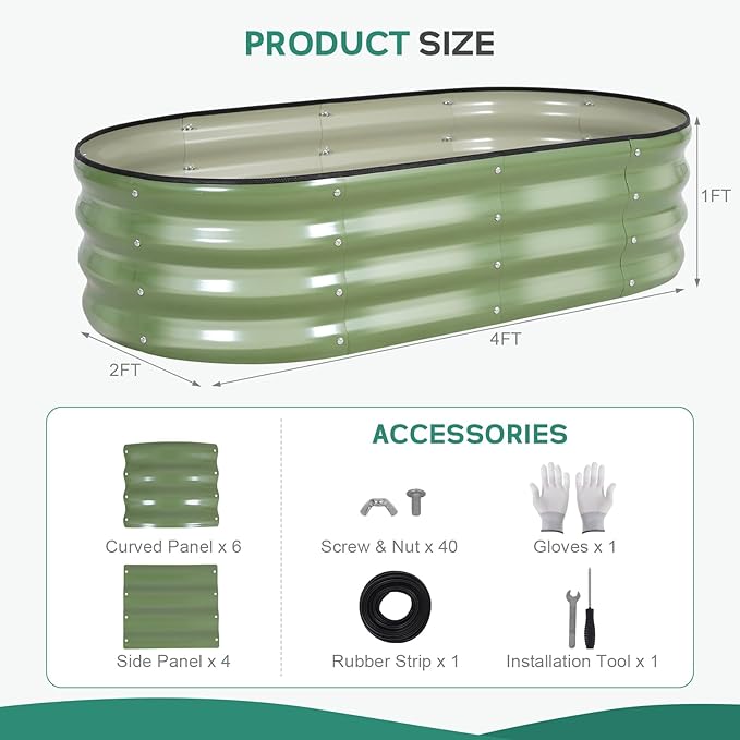 Galvanized Raised Garden Bed Outdoor - 4×2×1ft Planter Raised Beds for Gardening | Oval Metal Garden Planter Box with Safety Edging and Gloves for Vegetables Fruits and Flowers OliveGreen
