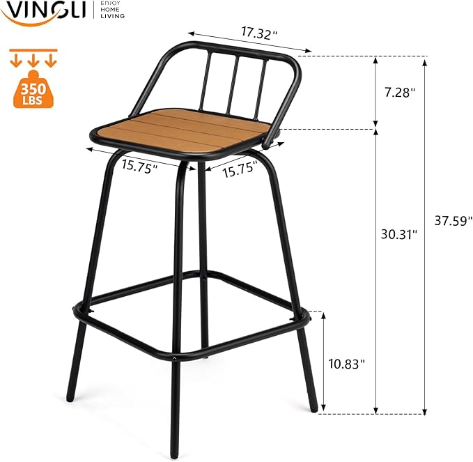 VINGLI 2 PCS Outdoor Swivel Bar Stools, 30 Inch Metal Barstools with Backrest & Footrest, 360° Rotating All-Weather Stools for Garden, Balcony, Kitchen Island (Teak)