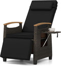 RELAX4LIFE Rattan Outdoor Recliner Chair - Wicker Chaise Lounge Chair w/Adjustable Back & Footrest, Acacia Wood Armrests, Flip Side Table, Cushion, Reclining Patio Chair for Pool Yard (1, Black)