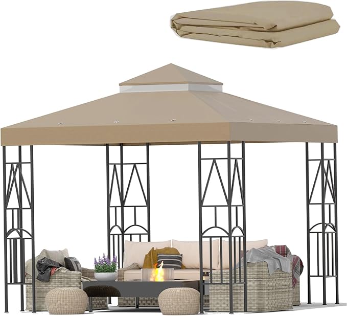 119''x119'' Canopy Replacement Top Double Tiered Gazebo Cover for Yard, Patio & Garden Durable Sunshade Replacement(No Frame)(Khaki)