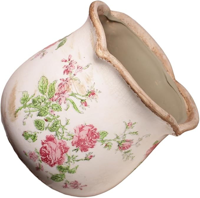 Shabby Chic Flower Pot, 6.11 Inch Ceramic Planter with Drainage for Indoor Plants, Vintage Ceramic Vase, Country Chic Spring Garden Home Decor, Pink Rose Floral