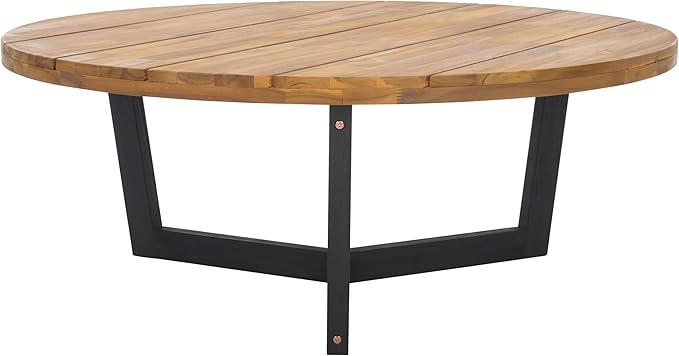 SAFAVIEH Outdoor Collection Leo Natural/Black Solid Wood Round Coffee Table