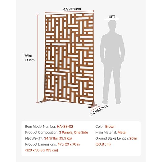 VEVOR Metal Privacy Screen, 47" W x 76" H, Outdoor Privacy Screens 3-Panel, Freestanding Outdoor Divider with Stand, Decorative Garden Steel Privacy Fence for Balcony Patio Indoor Room Hot Tub Brown