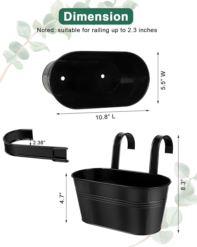 Metal Railing Planters for Outdoor Plants - 5 Pcs Balcony Hanging Flower Pots with Detachable Hooks & Drain Holes, Windowsill Oval Hanging Bucket Pots Fence Planters for Garden Home Decor, Black