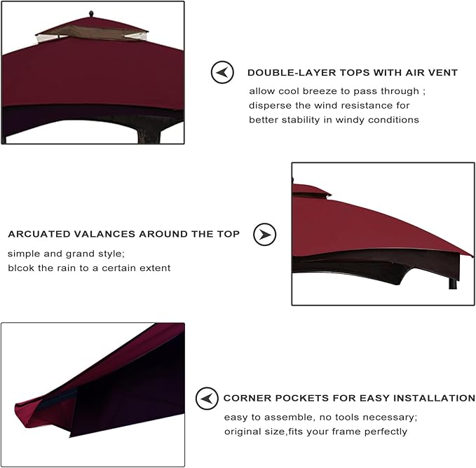 Eurmax USA High Performance Replacement Canopy Top for Lowe's Allen Roth Heavy Duty Gazebo Roof Gazebo Top with Air Vent 10X12 Cover #GF-12S004B-1, Replacement Top Only (Burgundy)