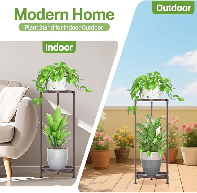 iDavosic.ly 2 Tier Corner Plant Stand Indoor, Tall Vertical Metal Flower Heavy Duty Pot Holder Shelf Outdoor for Patio Porch Living Room, Bronze - Round