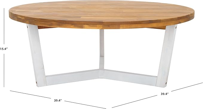 SAFAVIEH Outdoor Collection Leo Natural/White 3-Leg Round Coffee Table, Ideal for Deck, Patio, Backyard, Sunroom