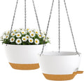 2 Pack 10 Inch Self Watering Hanging Planters for Indoor Plants, Large White Brown Plastic Hanging Pots with Chains for Outdoor Patio Garden Home Decor (White Brown)